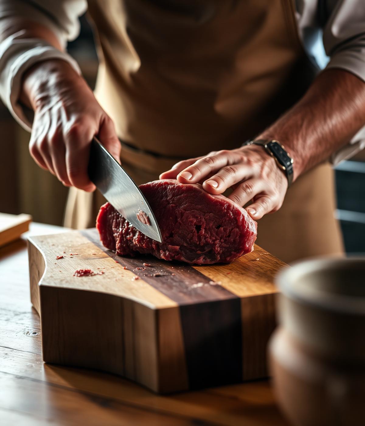 Carnicero cortando carne premium